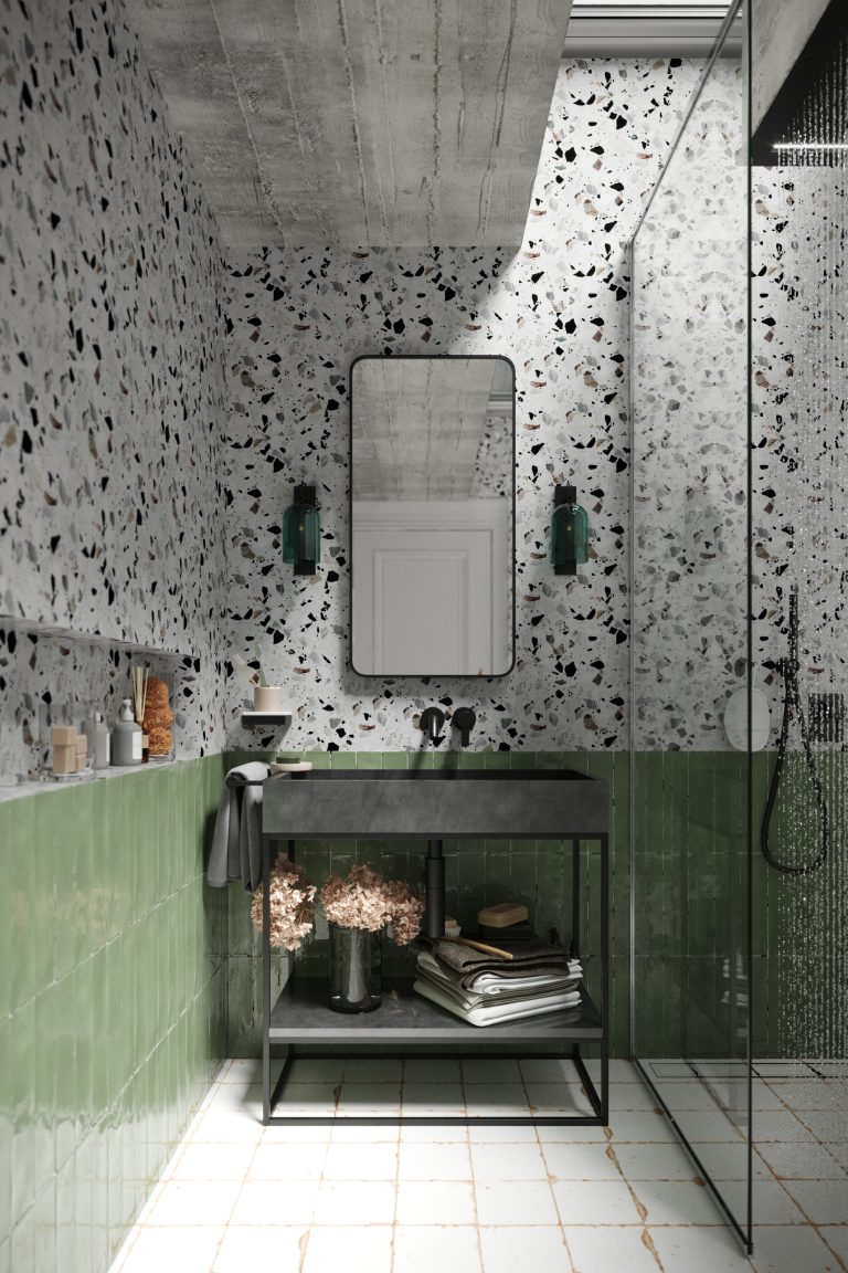 Lustro Corner Black LED z czarnymi zaokrąglonymi rogami w głębi wąskiej łazienki