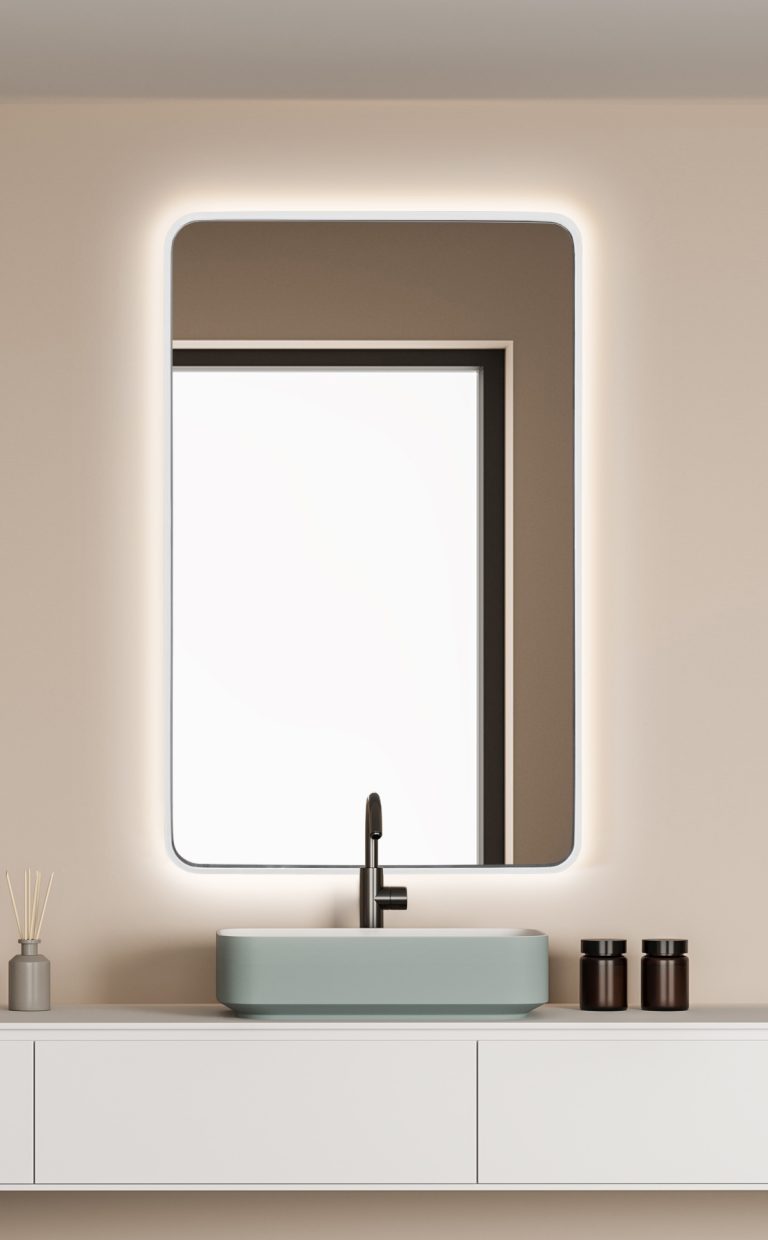 Lustro Corner White LED z zaokrąglonymi rogami w minimalistycznej łazience